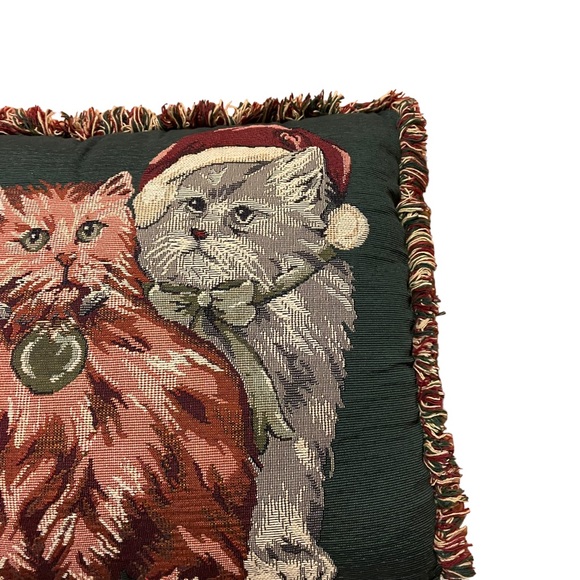 Vintage Christmas Cats Kittens Needlepoint Tapestry Frayed Border Holiday Pillow - Picture 11 of 16